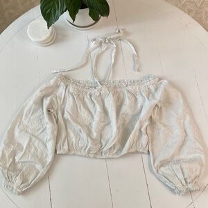 Intermix, cropped top, ties at neck, puffy sleeves, blue with white embroidery